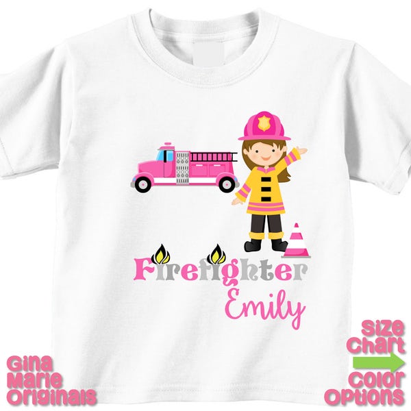 Personalized Girl Brunette Firefighter Fire Engine Birthday Party Shirt T-shirt Bodysuit Firefighter Hat Cones Fire Flames Shirt