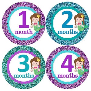 Baby maandelijkse mijlpaal groei Stickers Aqua Turquoise paarse Glitter Brunette zeemeerminnen kinderkamer thema MS929 Baby douche cadeau Baby Foto Prop