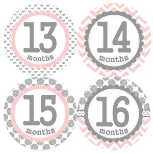 Baby Maandelijks Tweede Jaar 13-24 Maanden Mijlpaal Groei Stickers Zilver LichtRoze Stippen Chevrons Harten Kwekerij Thema MS007 Baby Foto Prop