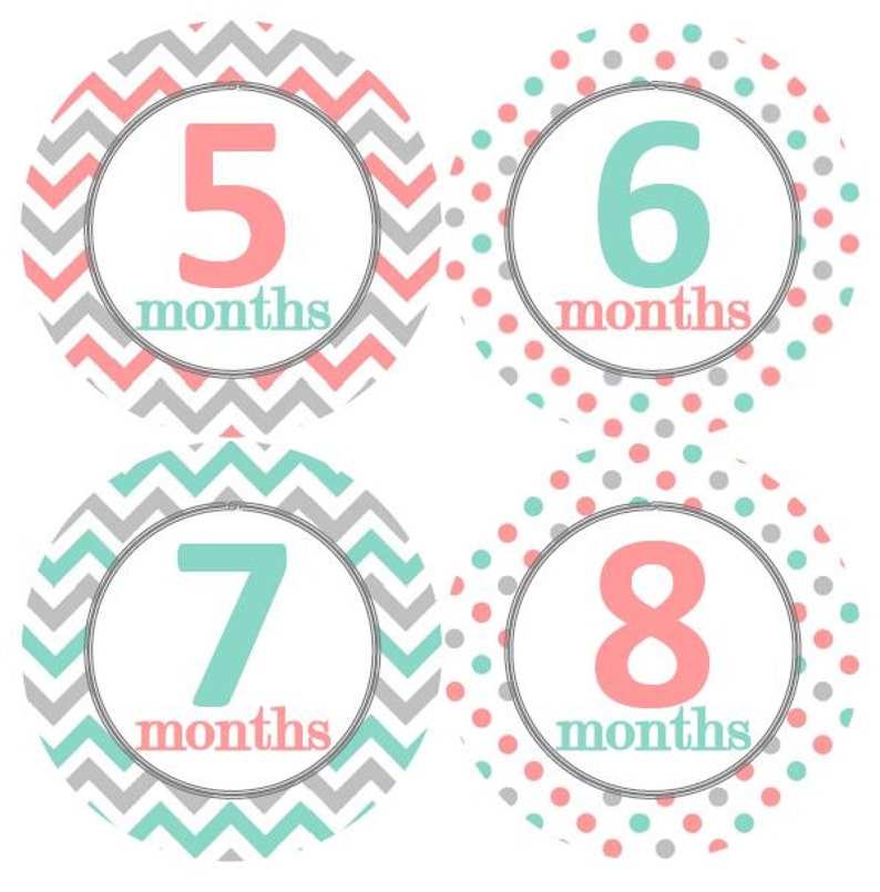 Coral Pink Baby Monthly Milestone Growth Stickers in Aqua Grey Dots Chevrons Nursery Theme MS119 Baby Shower Gift Baby Photo Prop