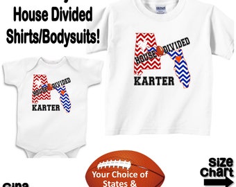 Personalized House Divided Football Alabama Florida Love Family Baby Kids Adults T-shirt Bodysuit - Your Choice of States & Colors