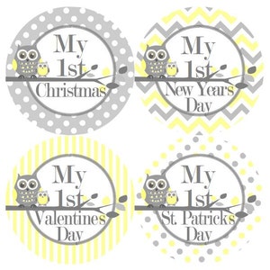 Baby 1e eerste vakantie mijlpalen groei Stickers in geel grijs uilen MS301 kwekerij thema Baby douche cadeau Baby Foto Prop