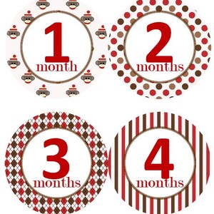 Baby maandelijkse mijlpaal groei Stickers rood en bruin Sock Monkey kinderkamer thema MS520 Baby douche cadeau Baby Foto Prop