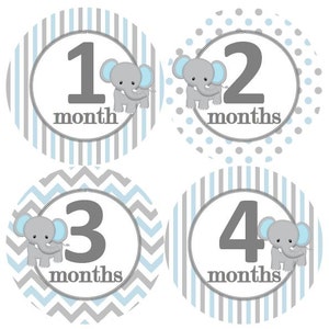 Baby maandelijkse mijlpaal groei Stickers grijs Baby blauw witte olifant kinderkamer thema MS259 Baby Boy douche cadeau Baby Foto Prop