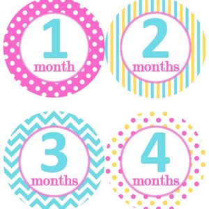 Baby maandelijkse mijlpaal groei Stickers in Turquoise blauw fel roze geel met stippen strepen punthaken MS117 kwekerij Baby douchegift