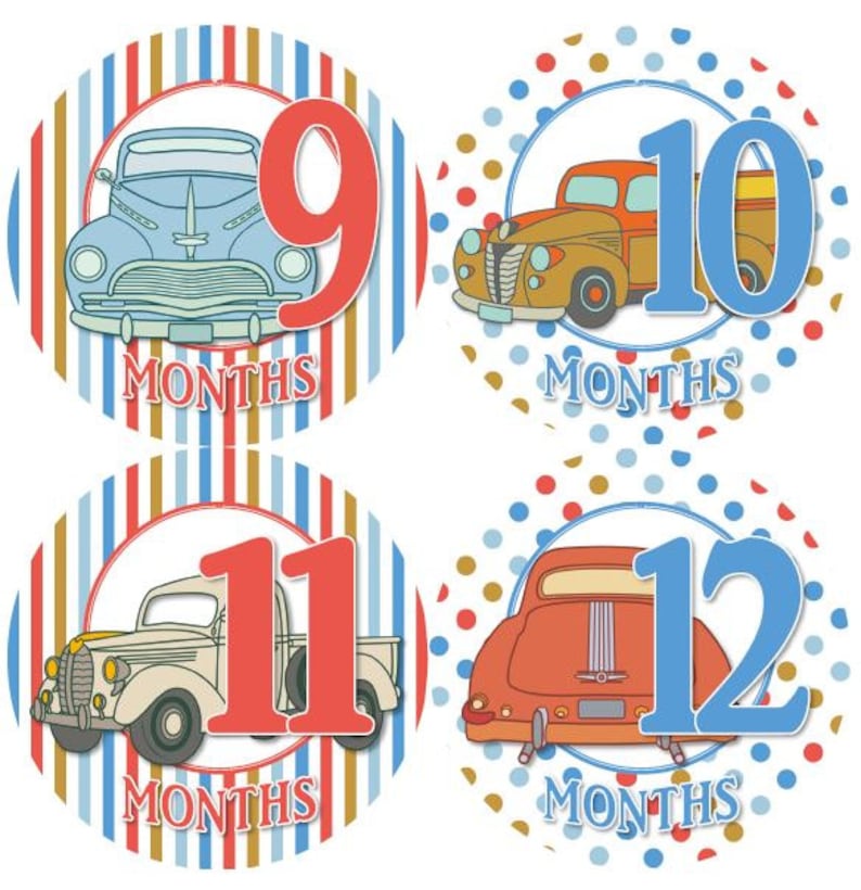 Baby Monthly Milestone Growth Stickers Antique Vintage Old Cars Trucks Theme MS843 Baby Boy Shower Gift Baby Boy Photo Prop