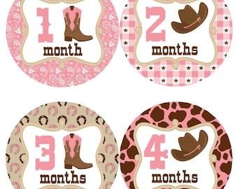 Baby Monthly Milestone Growth Stickers in Cowgirl Western Pink Brown MS524 Baby Girl Shower Gift Baby Photo Prop
