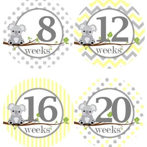 Zwangerschap mijlpaal Stickers geel grijs Koalas zwangerschap buik Stickers MS563 moederschap foto Prop Baby douche Gift zwangerschap aankondiging