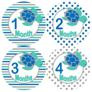 Baby maandelijkse mijlpaal groei Stickers in Teal blauw grijs zee schildpadden kinderkamer thema MS585 Baby douche cadeau Baby Foto Prop