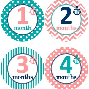 Baby maandelijkse mijlpaal groei Stickers nautische Teal koraal Marine anker kinderkamer thema MS621 Baby douche cadeau Baby Foto Prop