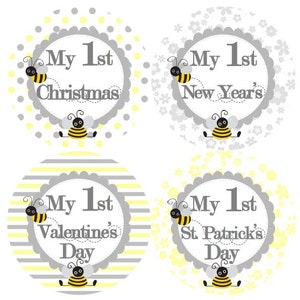 Baby 1e eerste VAKANTIE mijlpaal groei Stickers in geel grijs Bumble Bees hommels kinderkamer thema MS536 Baby douche Gift foto Prop