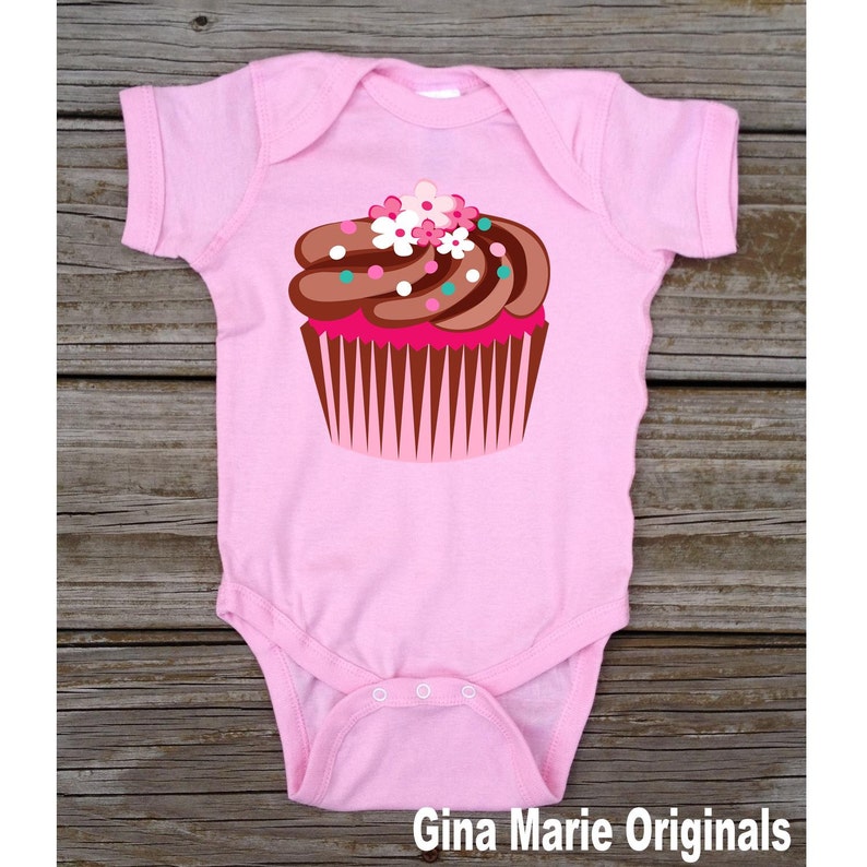 Cupcake T-shirt Shirt Bodysuit Cute Cupcake Shirt for Infant Baby Toddler Little Girl Pink Chocolate Cupcake Birthday Cupcake Shirt image 2