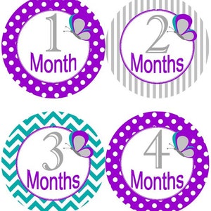 Baby maandelijkse mijlpaal groei Stickers vlinders paars Teal grijs kinderkamer thema MS546 Baby douche cadeau Baby Foto Prop