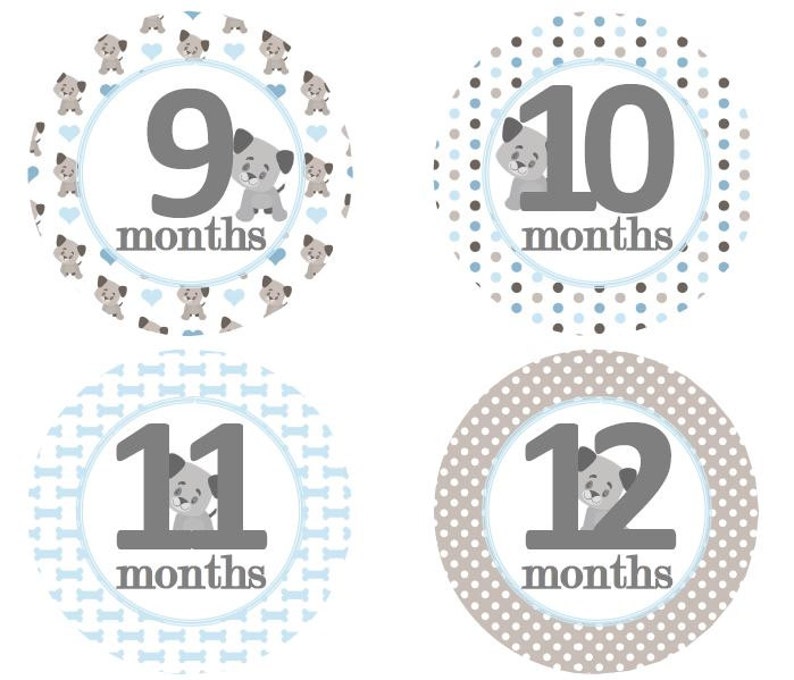 Baby Monthly Milestone Growth Stickers in Blue Grey Puppies Puppy Dogs ...