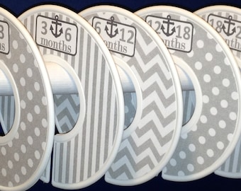 5  Baby Closet Dividers - Grey White Nautical Anchors CD645 - Baby Boy Shower Gift Nursery -  Nautical Baby Closet Organizers