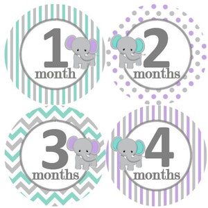 Baby maandelijkse mijlpaal groei Stickers grijze Aqua lavendel olifant kinderkamer thema MS222 Baby meisje douche cadeau Baby Foto Prop