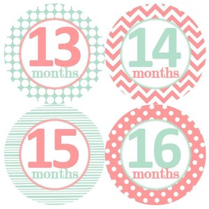 13-24 maanden 2e jaar baby maandelijkse mijlpaal groei stickers mint koraal roze kinderkamer thema MS106 kraamcadeau baby foto prop