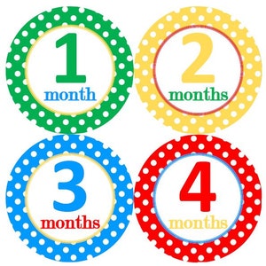 Baby maandelijkse mijlpaal groei Stickers helder blauwe rood groen gele stippen kinderkamer thema MS127 Baby douche cadeau Baby Foto Prop