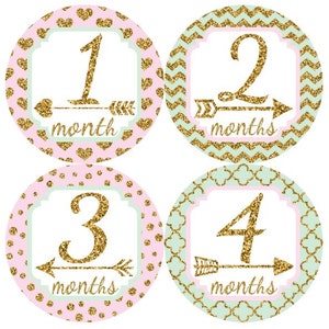 Baby maandelijkse mijlpaal groei Stickers Gold Glitter roze Mint harten punthaken pijlen kinderkamer thema MS022 Baby douche cadeau Baby Foto Prop