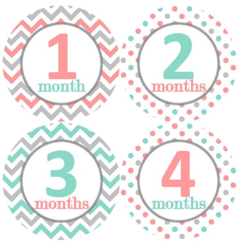 Coral Pink Baby Monthly Milestone Growth Stickers in Aqua Grey Dots Chevrons Nursery Theme MS119 Baby Shower Gift Baby Photo Prop