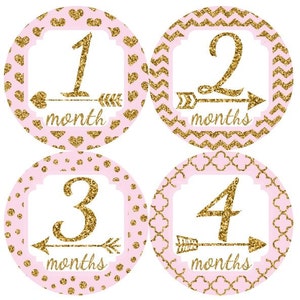 Baby maandelijkse mijlpaal groei Stickers Gold Glitter licht roze harten punthaken pijlen kinderkamer thema MS020 Baby douche cadeau Baby Foto Prop