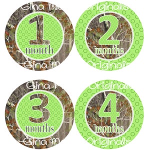 Baby maandelijkse mijlpaal groei Stickers in Camo met Lime groene stippen MS514 Baby Boy Girl douche Gift eiken Hunter Woodland laanbomen