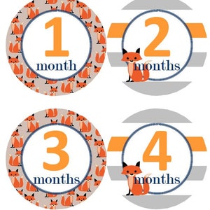 Baby maandelijkse mijlpaal groei Stickers Fox oranje grijs streep Navy kinderkamer thema MS529 Baby douche cadeau Baby Foto Prop
