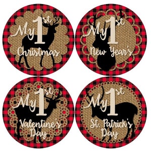 Baby 1e eerste vakantie groei Stickers rode zwarte Buffalo geruite jute herten rustieke Lumberjack bos MS844 douche cadeau Baby Foto Prop