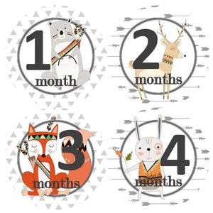 Baby maandelijkse mijlpaal groei Stickers in Tribal bos dieren Fox olifant herten Tiger dragen MS594 Baby Boy douche Gift Tribal kwekerij