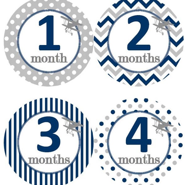 Baby Monthly Milestone Growth Stickers Navy Grey Bi-planes Biplanes Airplane Planes Nursery Theme MS519 Baby Shower Gift Baby Photo Prop