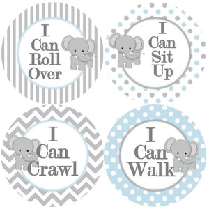 Baby maandelijkse 1e eerste MIJLPALEN groei Stickers Baby blauw grijs witte olifant kinderkamer thema MS211 Boy Girl douche Gift babyfoto Prop