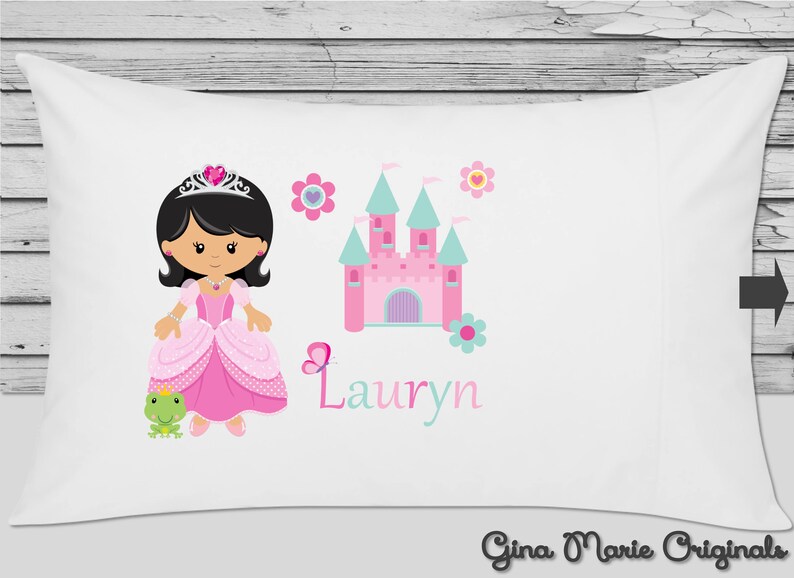 Personalized Pillow Case Pillowcase Princess Castle Frog Pink Girl Blonde Kids Birthday Christmas Gift Bedding Choice of Hair Ethnicity