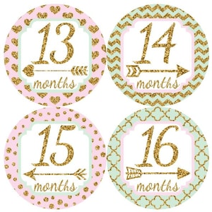2e tweede jaar 13-24 Baby maandelijkse mijlpaal groei Stickers goud Glitter roze Mint harten punthaken pijlen kinderkamer thema MS022 douchegift