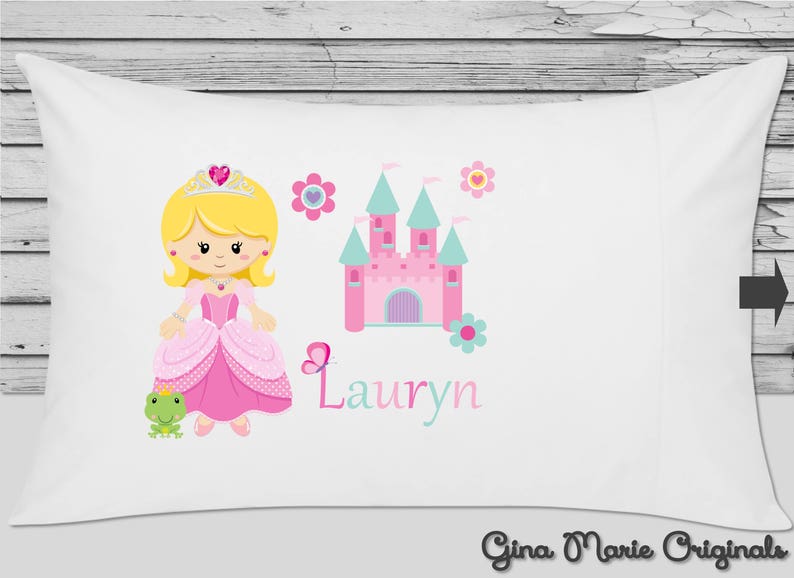 Personalized Pillow Case Pillowcase Princess Castle Frog Pink Girl Blonde Kids Birthday Christmas Gift Bedding Choice of Hair Ethnicity