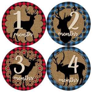 Baby maandelijkse mijlpaal groei Stickers rood blauw zwart Buffalo geruite jute herten rustieke Lumberjack bos MS928 douche cadeau Baby Foto Prop