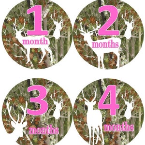 Baby maandelijkse mijlpaal groei Stickers Roze Camo wit silhouetten MS567 Baby meisje douche Gift kwekerij foto Prop Baby jacht jager van herten