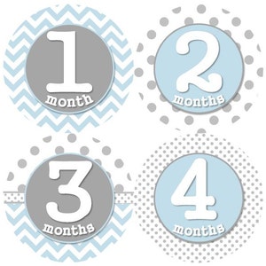 Baby maandelijkse mijlpaal groei Stickers grijs blauw witte stippen strepen punthaken kinderkamer thema MS141 Baby Boy douche cadeau Baby Foto Prop