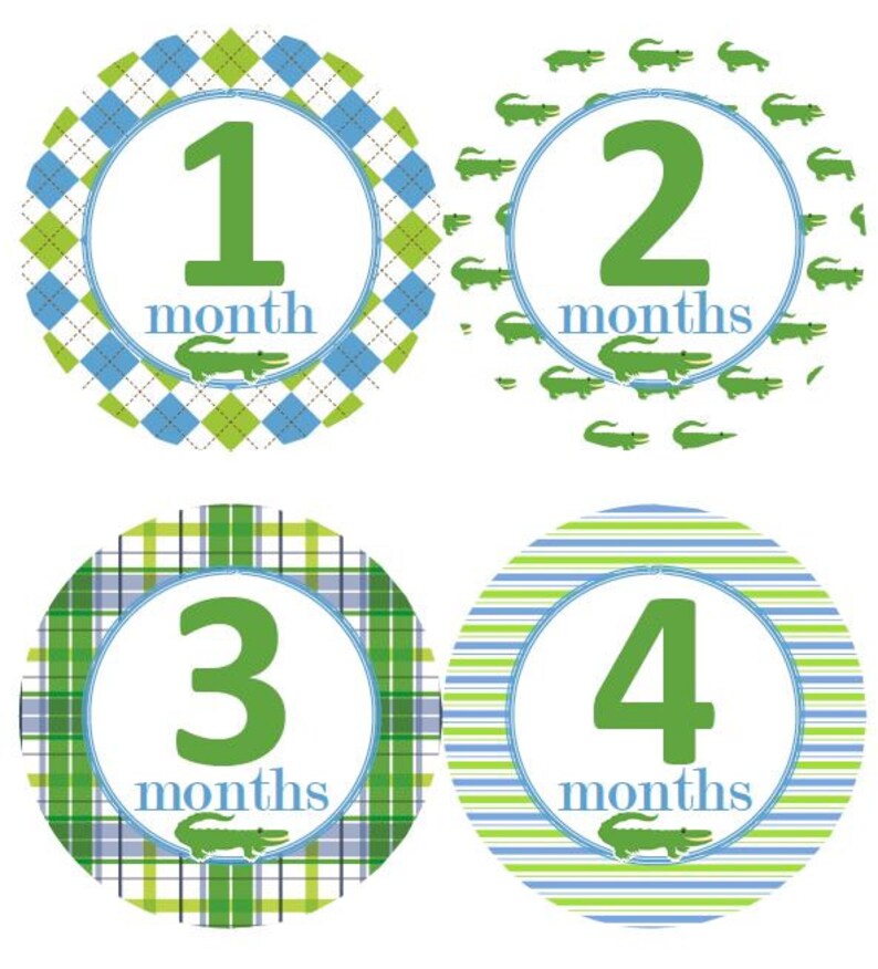 Baby Monthly Milestone Growth Stickers Blue Green Preppy Alligator Nursery Theme MS532 Baby Boy Girl Shower Gift Baby Photo Prop 