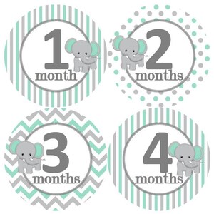 Baby maandelijkse mijlpaal groei Stickers grijs Mint witte olifant kinderkamer thema MS257 Baby Boy Girl douche cadeau Baby Foto Prop