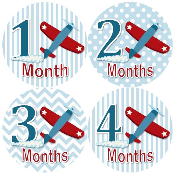 Baby Monthly Milestone Growth Stickers Navy Red Blue Planes Stars Sky Airplane Nursery Theme MS873 Baby Shower Gift Baby Photo Prop