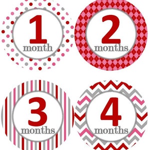 Baby maandelijkse mijlpaal groei Stickers in rood roze grijs wit stippen strepen punthaken Argyle MS963 Baby Girl kinderkamer thema douchegift