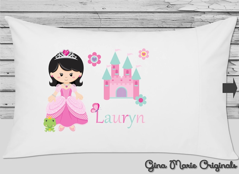 Personalized Pillow Case Pillowcase Princess Castle Frog Pink Girl Blonde Kids Birthday Christmas Gift Bedding Choice of Hair Ethnicity