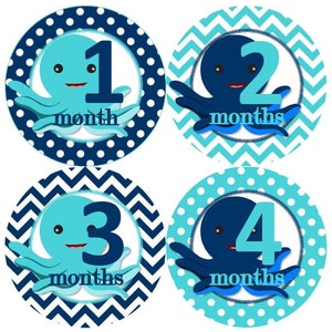 Baby maandelijkse mijlpaal groei Stickers Marine Turquoise blauwe Aqua Octopus nautische zee oceaan kinderkamer thema MS633 Baby douche Gift foto Prop