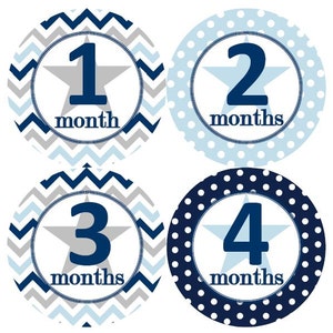 Baby maandelijkse mijlpaal groei Stickers Marine grijs licht blauwe stippen punthaken sterren MS148 Boy ster kinderkamer thema Baby Shower