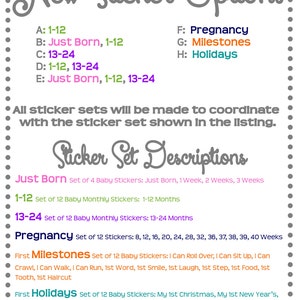 May include: A chart with the text "New Sticker Options" and lists of sticker sets for babies. The sets include "Just Born", "1-12", "13-24", "Pregnancy", "Milestones", and "Holidays".