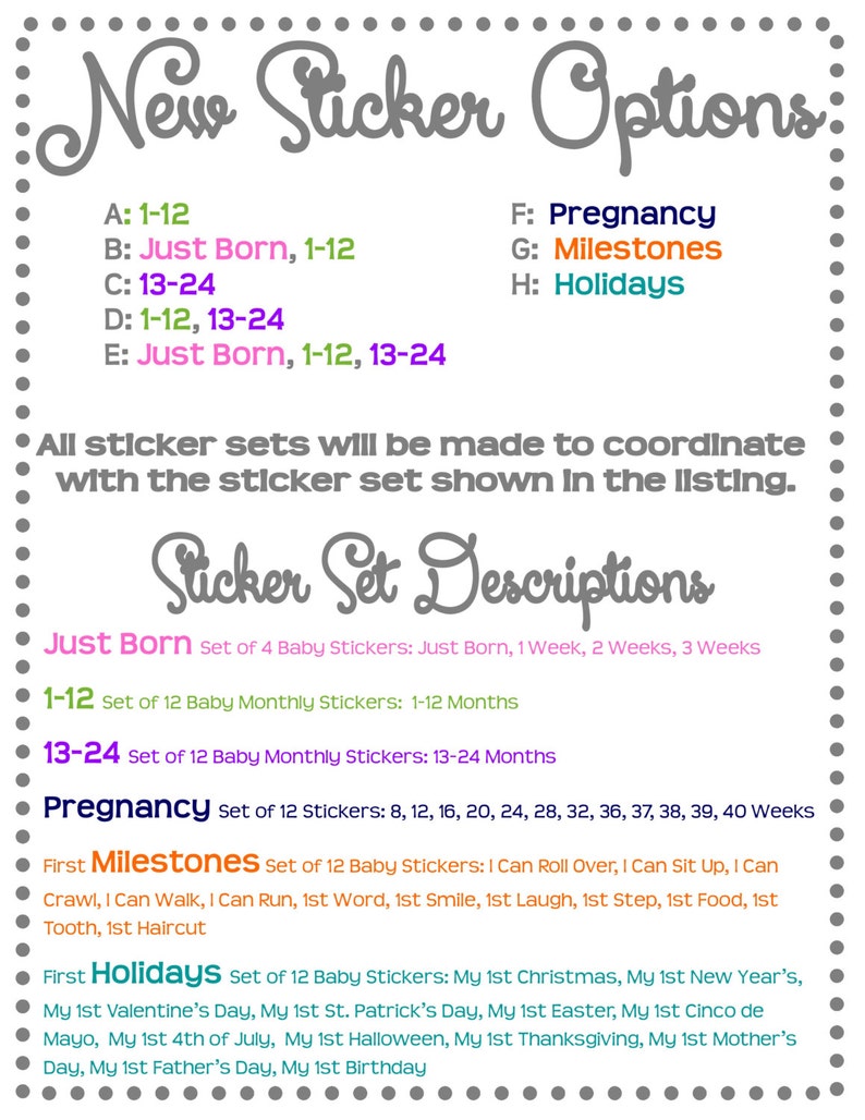 May include: A chart with the text "New Sticker Options" and lists of sticker sets for babies. The sets include "Just Born", "1-12", "13-24", "Pregnancy", "Milestones", and "Holidays".