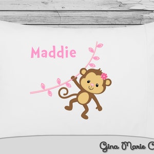 Personalized Pillow Case Pillowcase Monkey Boy Brown Green or Girl Pink Toddler Kids Children Baby Birthday Christmas Gift Bedding Stocking