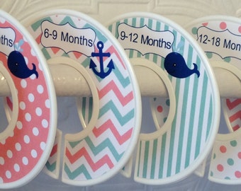 Baby Closet Dividers in Coral Pink, Mint with Navy Nautical Anchors Whales Ocean Sea CD609 Baby Girl Girl Shower Gift Nursery