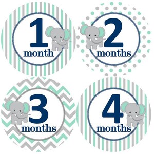 Baby maandelijkse mijlpaal groei Stickers Marine grijs Mint witte olifant kinderkamer thema MS261 Baby Boy Girl douche cadeau Baby Foto Prop
