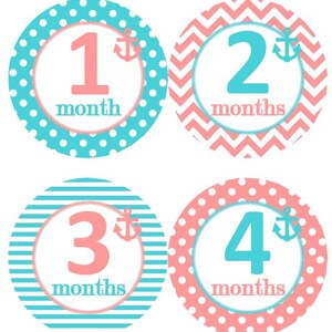 Baby maandelijkse mijlpaal groei Stickers nautische Turquoise Coral Pink anker kinderkamer thema MS606 Baby douche cadeau Baby Foto Prop